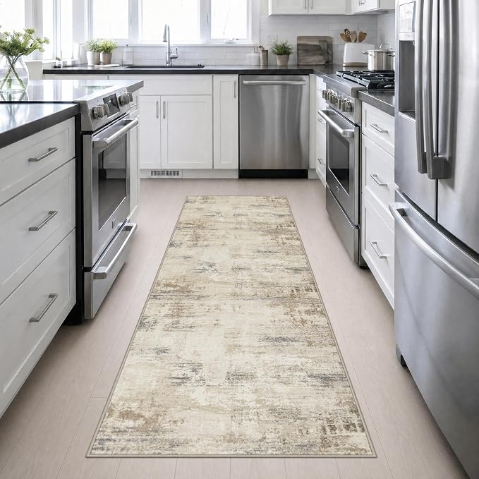 3x10 Washable Runner Rug：Modern Abstract Soft Carpet Beige Brown | - Image 4