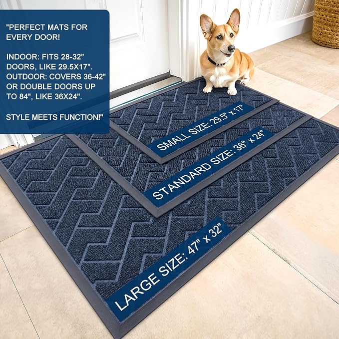 OLANLY Front Door Mat Outside 35x23, All-Season Absorbent Rubber Doormat | Blue - Image 2