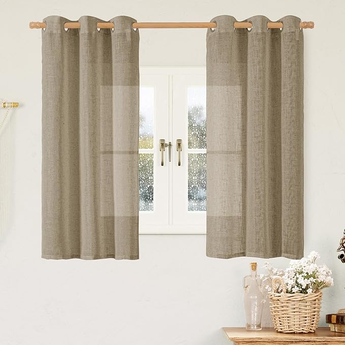Linen Semi Sheer Curtains 54 Inches Long 2 Panels Set, Bronze Grommet Boho by LAMIT