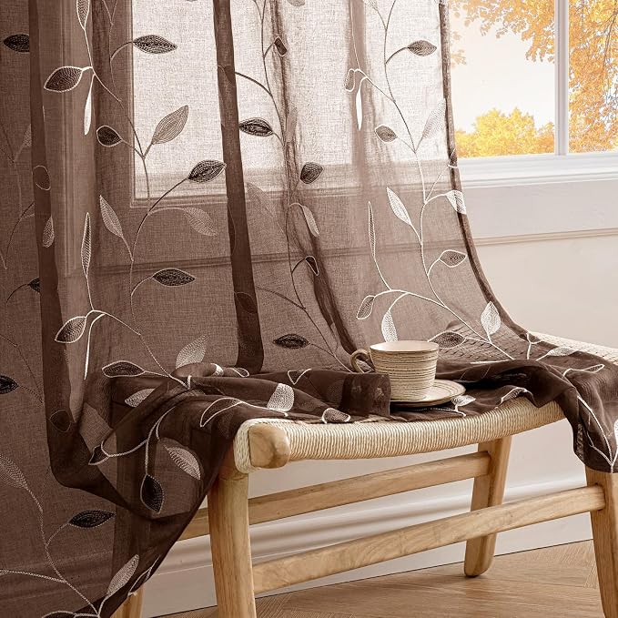 MIULEE Chocolate Brown Sheer Curtains 2 Panels Leaf Patterned, W52 x L96 | by MIULEE
