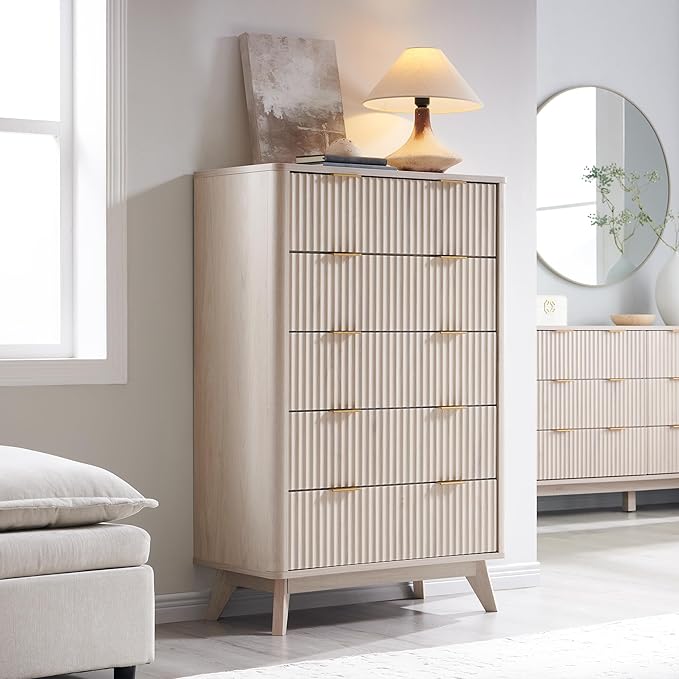 T4TREAM Fluted 5 Drawers Dresser, Curved Profile Design, Wood Drawer Organizer - Image 3