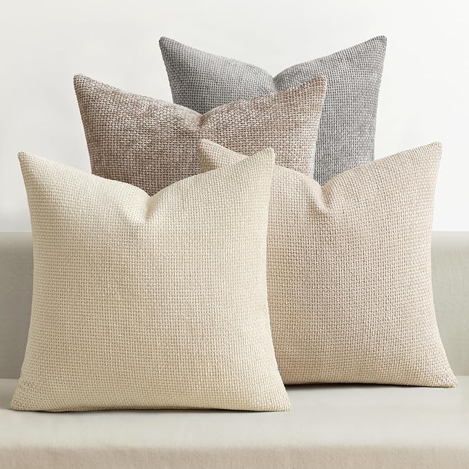 MIULEE Decorative Chenille Pillow Covers Neutral Beige 22x22 Pack of 4 | Modern by MIULEE
