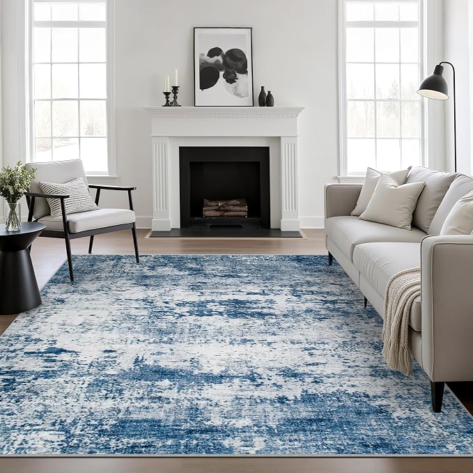 Area Rug Living Room: 5x5 Modern Washable Indoor Soft Carpet Blue | by FXRHLP