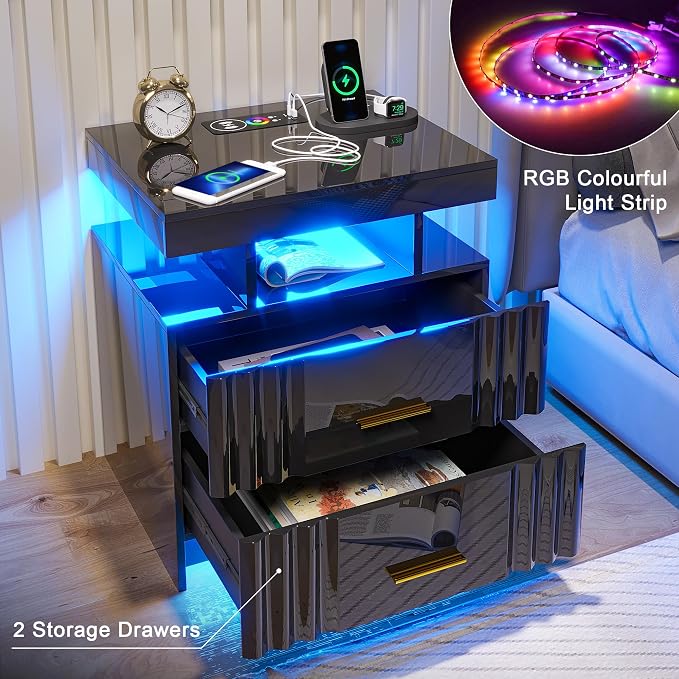 Nightstand with Wireless Charging Station, Smart Night Stand with 2 Drawers - Image 6