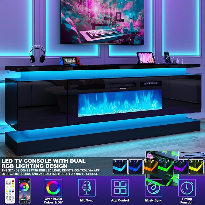 chartustriable 71IN LED TV Stands w/40 inch Fireplace Power Outlet - Image 5