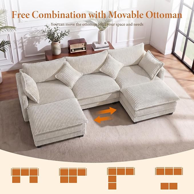 Vesgantti 109" U Shaped Cloud Sectional Sofa, Comfy Corduroy Upholstered - Image 7