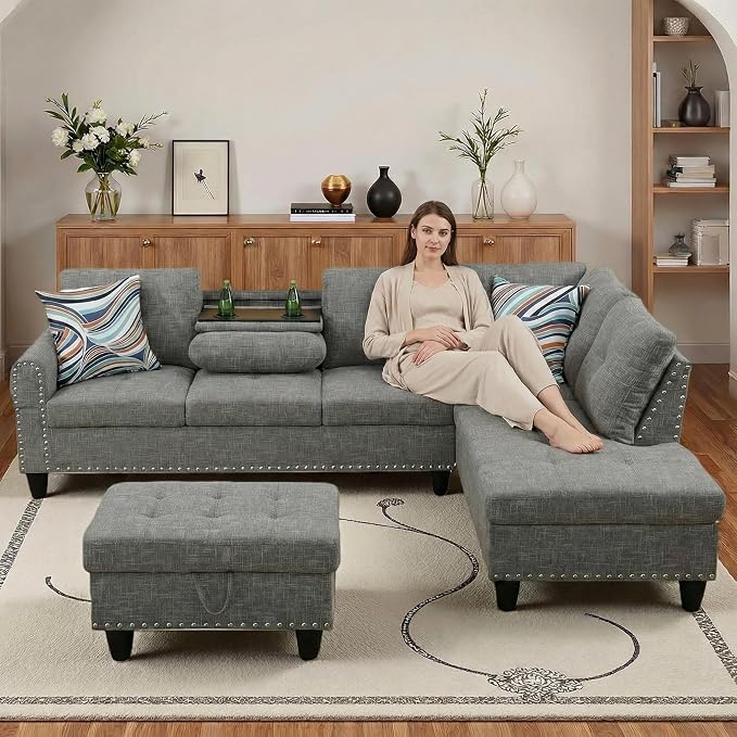 97.5" L Shaped Couch Set Linen, Modular Sectional Couches - Image 7
