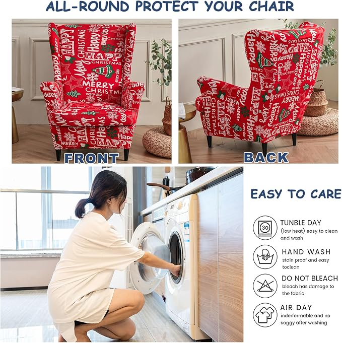 HAOYONG Christmas Stretch Wingback Chair Cover 2 Pieces Wing Chair Slipcover - Image 4