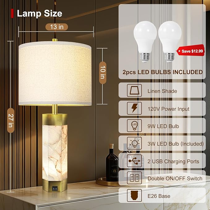 Natural Alabaster Table Lamps Set of 2, Table Lamp - Image 2