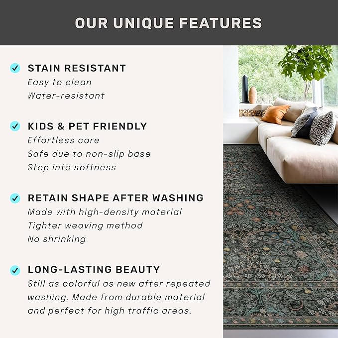 Dark Green 3x10 ft Extra Long Wide Runner Rug - Image 6
