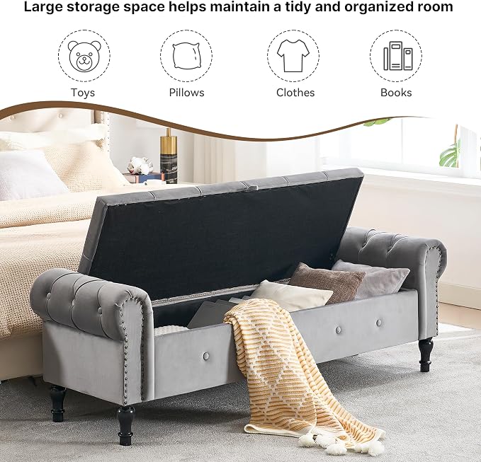 Storage Bench for Bedroom, Velvet 67" End of Bed Bench, King Size Benches - Image 5