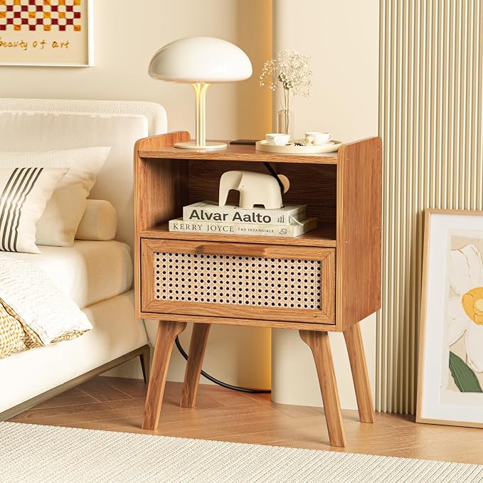 Lerliuo Rattan Nightstand with Charging Station, Side Table with Drawer - Image 4