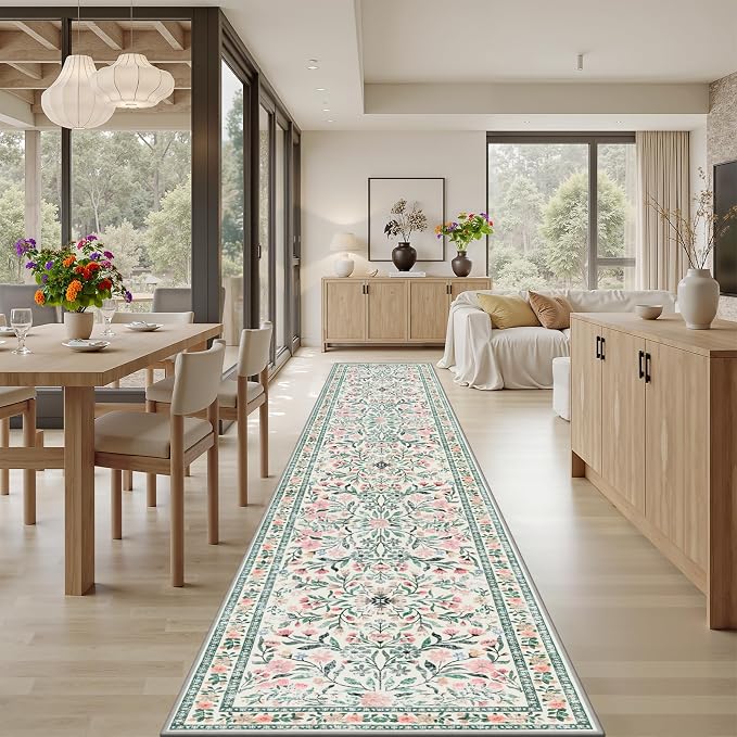 PLHXFR 2.6x14 Washable Runner Rug：Floral Indoor Kitchen Carpet Green Beige | - Image 4