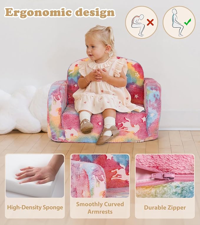 Kids Couch, 2-in-1 Soft Toddler Couch Fold Out - Image 7