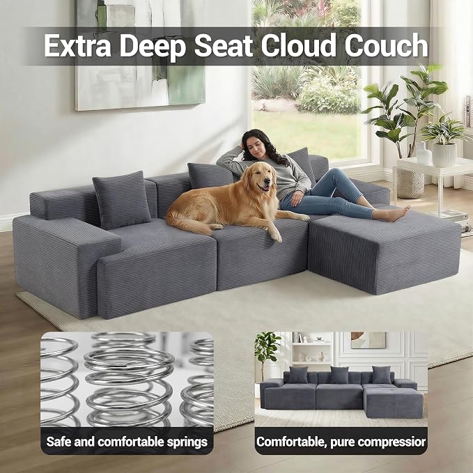 119'' Modular L-Shaped Boneless Sectional, Corduroy Deep Seat Cloud Sectional - Image 3