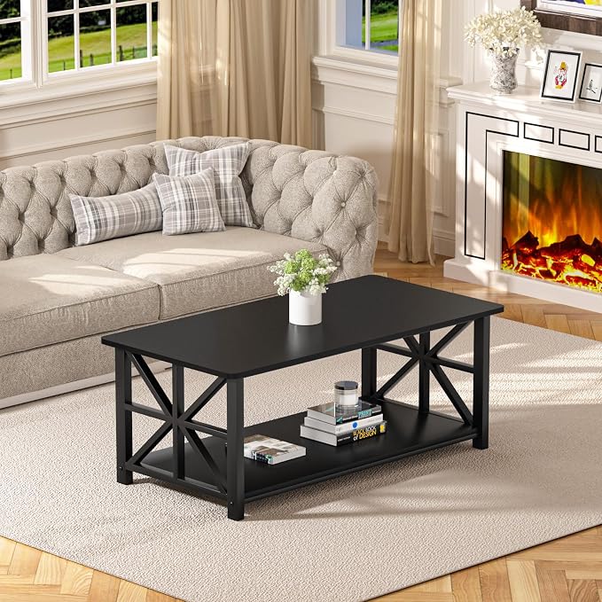 GreenForest Coffee Table with Round Corner, Farmhouse Center Table with 2-Tier - Image 9