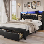 Full Bed Frame with Drawers, Hidden-Cubby & Shelves Storage Headboard with by KeyluvHome