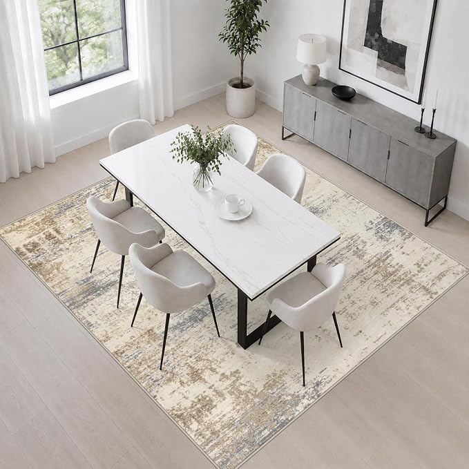 Area Rug Living Room: 4x4 Modern Washable Soft Carpet Beige Brown | - Image 4