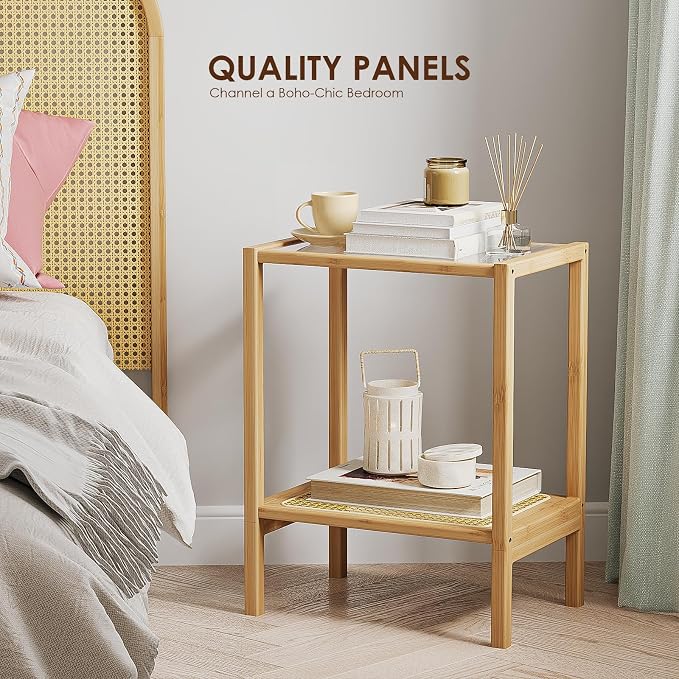 Bamworld Side Table Nature Rattan Night Stand Glass End Table 2-Tier - Image 4