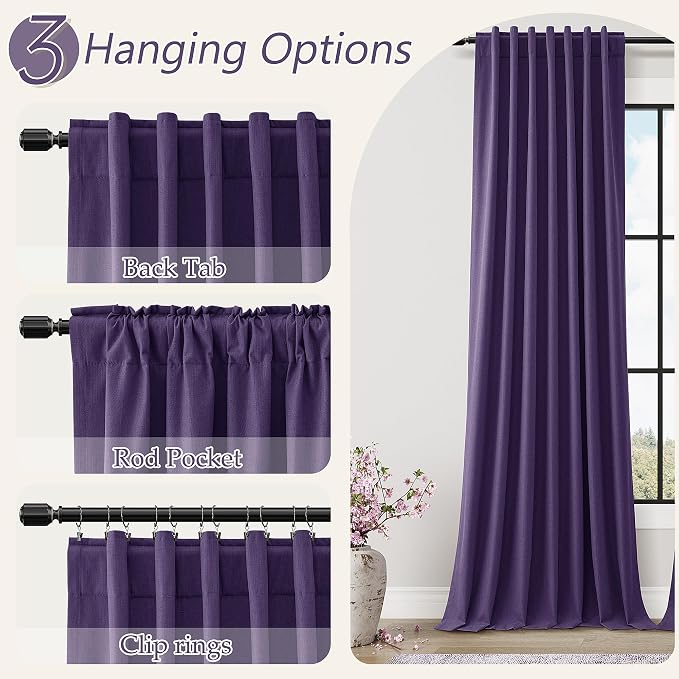 New Purple 100% Blackout Linen Curtains 96 Inch Length 2 Panels Set - Image 6