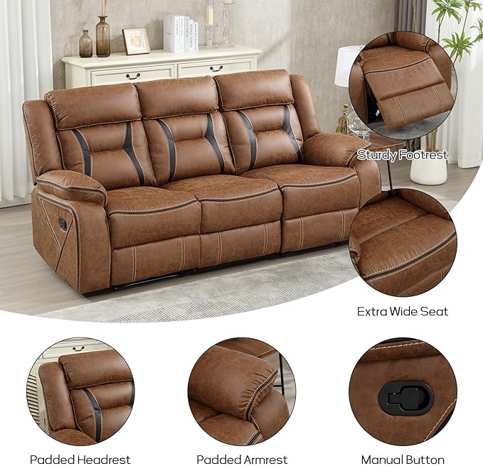EBELLO Manual Recliner Sofa Set, Faux Leather Reclining Living Room Furniture - Image 3