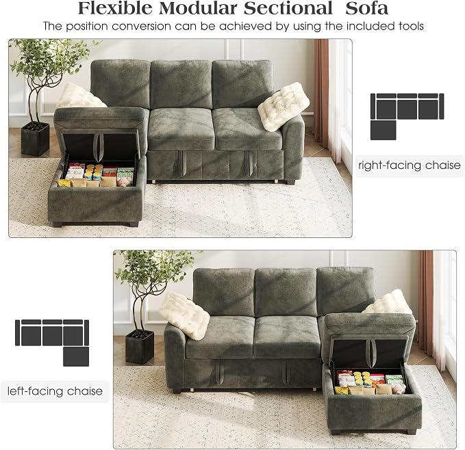 Ihanherry Modular Convertible Sectional Sofa Bed, Reversible Chaise & Storage - Image 3
