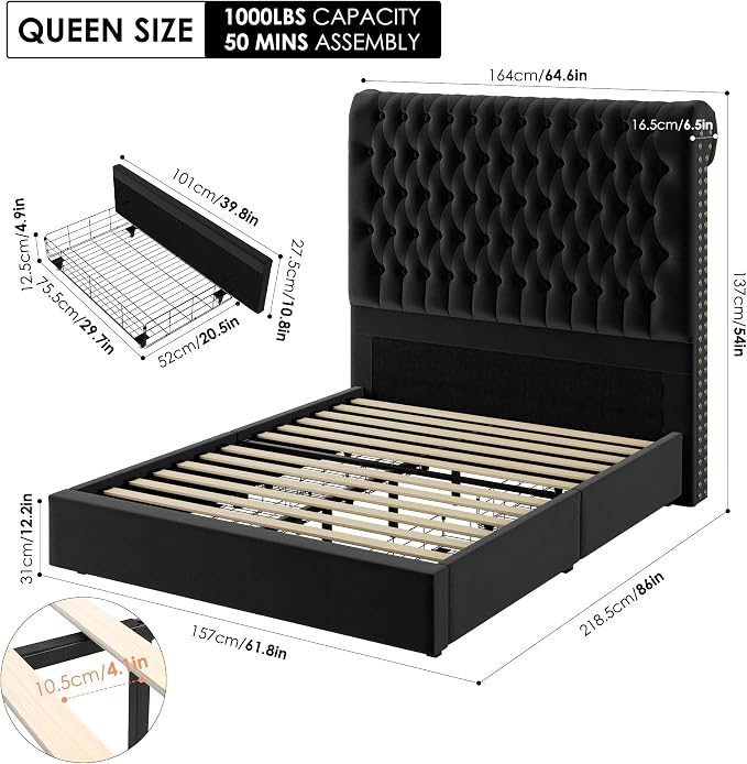 Queen Size Bed Frame 54" Tall Headboard - Image 2