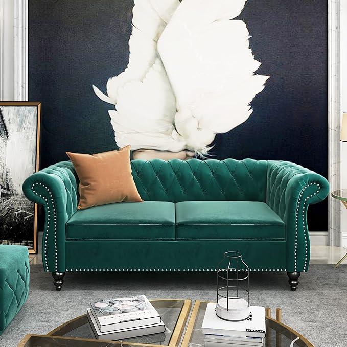 3 Piece Living Room Set, Velvet Chesterfield Sofa Loveseat Couch Chair - Image 5