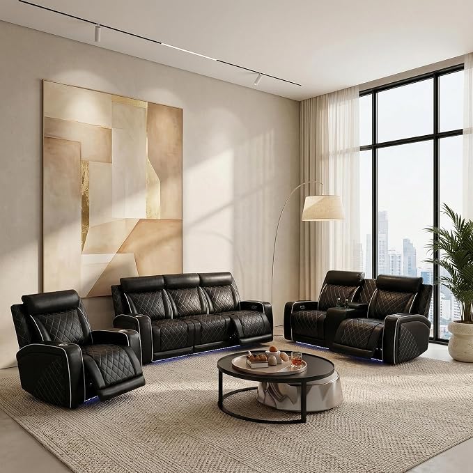 Power Recliner Sofa Set with LED, Breathable Leather Recliner Couch Loveseat by PonlivingFurniture