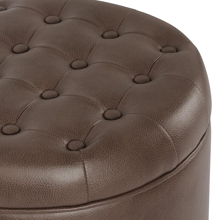 Homepop Home Decor | Upholstered Round Faux Leather Tufted Foot Rest Ottoman | - Image 7