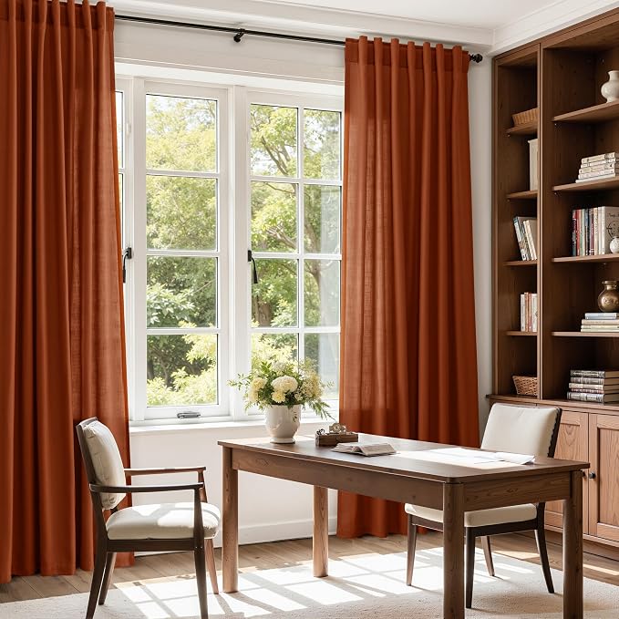 Extra Long Linen Curtains 108 Inches Long 2 Panel Set Back Tab Terracotta Boho - Image 8