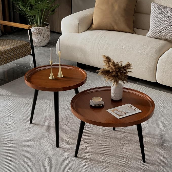2-Piece Walnut Coffee Table, Durable Mid Century Small Round Coffee Tables - Image 7
