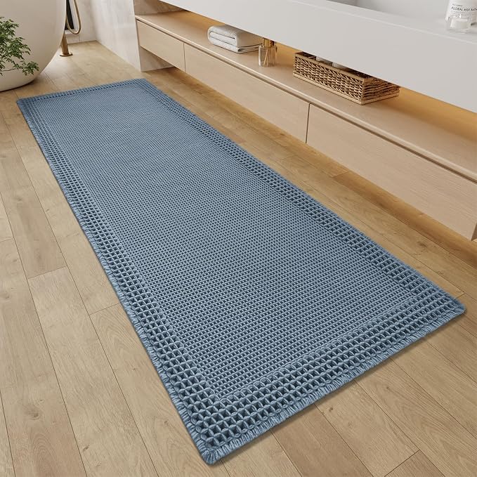 RESARE Waffle Bathroom Runner Rugs, Non Slip Boho Bath Mat 24"x72" Blue | Long by Resare