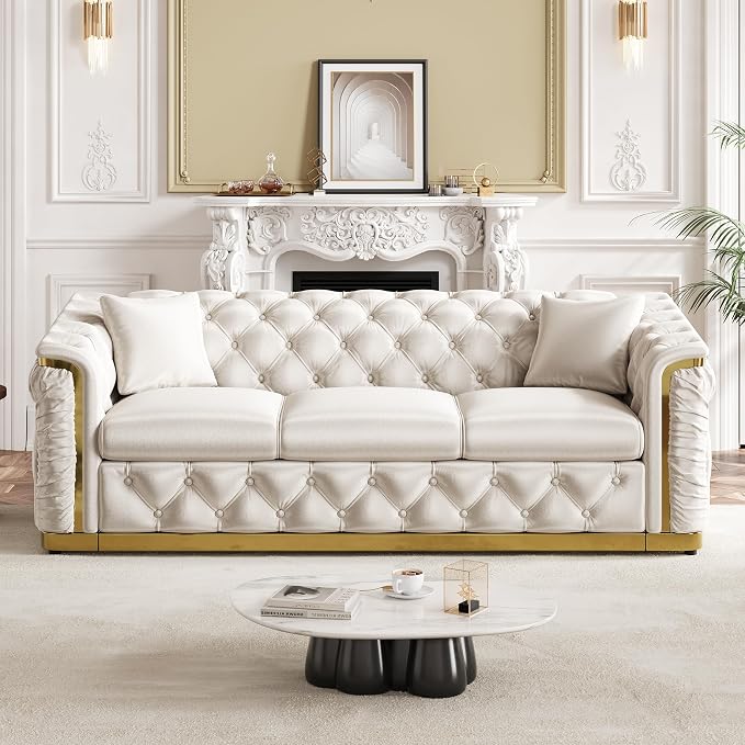 Luxury Chesterfield Sofa Set of 2, Velvet Tufted Couch Victorian Black and Gold - Image 7