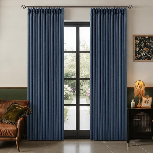 100% Black Out Pinch Pleated Linen Boho Curtains Navy Blue 80 Inch Length | by Twodrapes