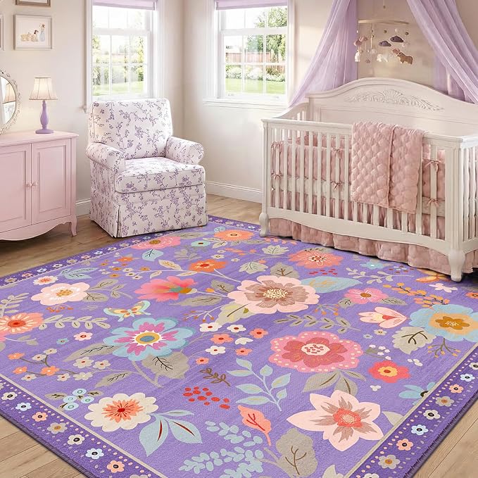 RELEANY Floral Washable Square 8ft Area Rug Purple/Pink | Flower Carpet Print - Image 8