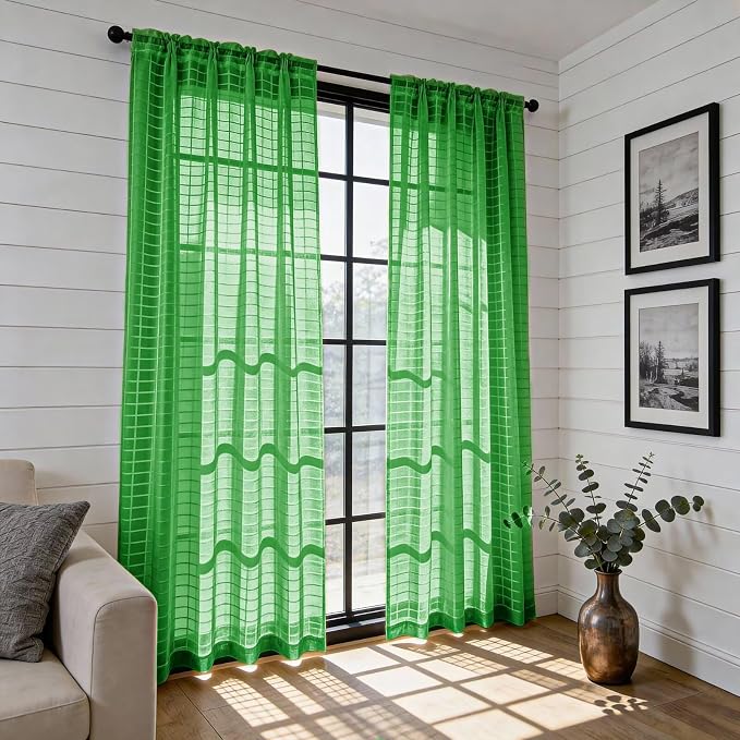 SpaceDresser Check Sheer Curtains 96 Inches 2 Panels Set, Rod Pocket Plaid - Image 4