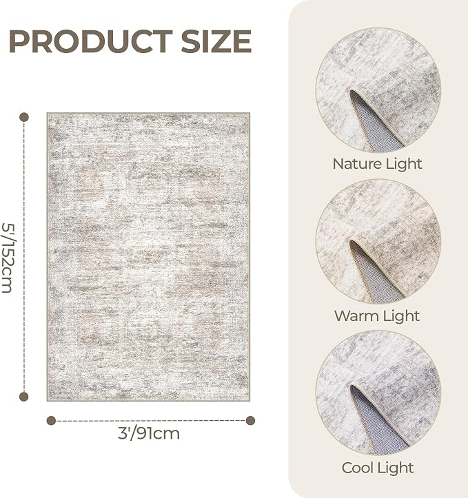 3x5 Rug for Entryway, Washable Area Rug, Taupe | Small Rug for Kitchen - Image 2