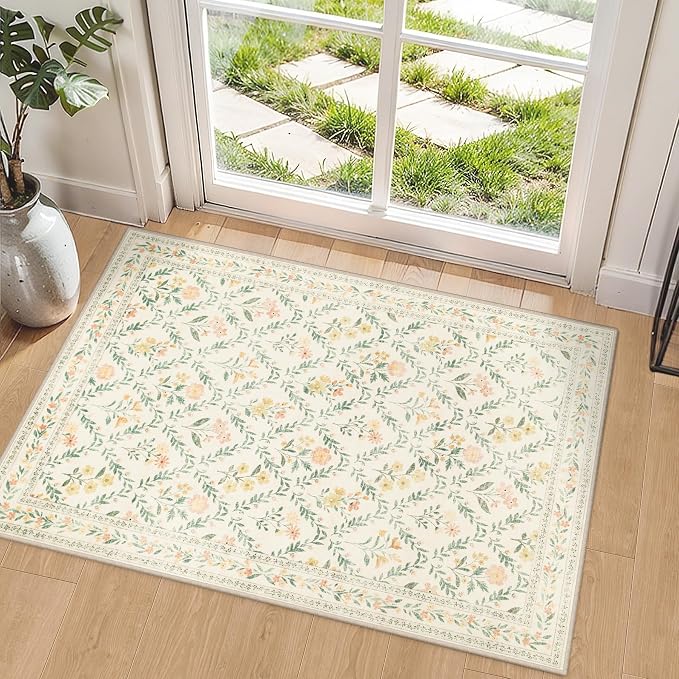 PLHXFR 2x3 Small Entryway Rug: Floral Washable Indoor Carpet Beige Multi | by PLHXFRSoftAreaRugs