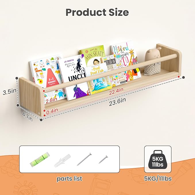 upsimples 2 Pack Nursery Book Shelves, 23.6 Inch Floating Bookshelves - Image 2