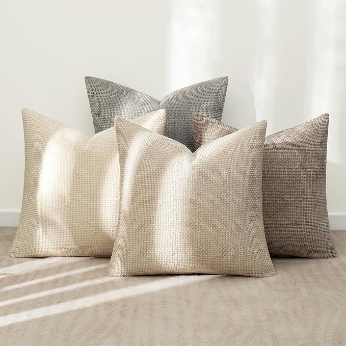 MIULEE Decorative Chenille Pillow Covers Neutral Beige 20x20 Pack of 4 | Modern - Image 3