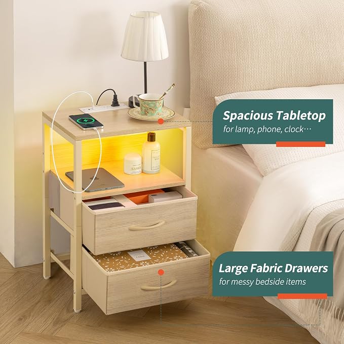 Yoobure Nightstand with Charging Station, LED Night Stand with Fabric Drawers - Image 6
