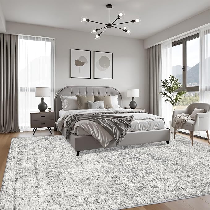 9x12 Area Rug Living Room: Modern Washable Soft Carpet Black Grey | - Image 3