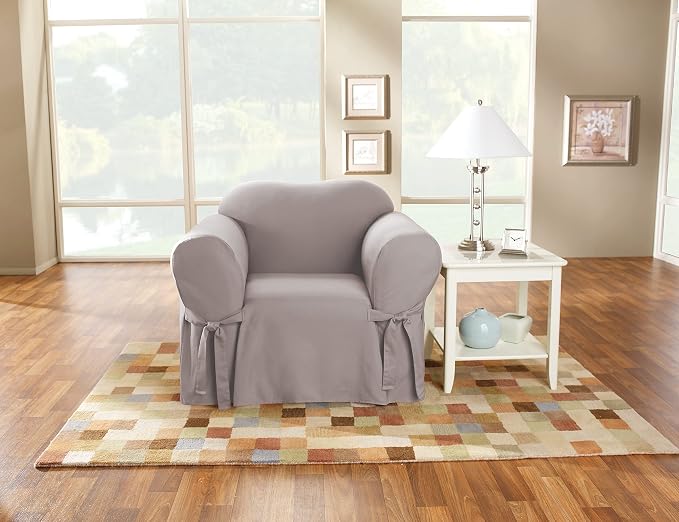 SureFit Cotton Duck Armchair Box Cushion One Piece Slipcover, Chair Cover - Image 2