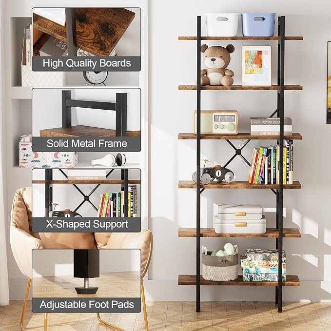 6 Tiers Bookshelf Organizer Industrial Shelf, Modern Open Display Storage - Image 5