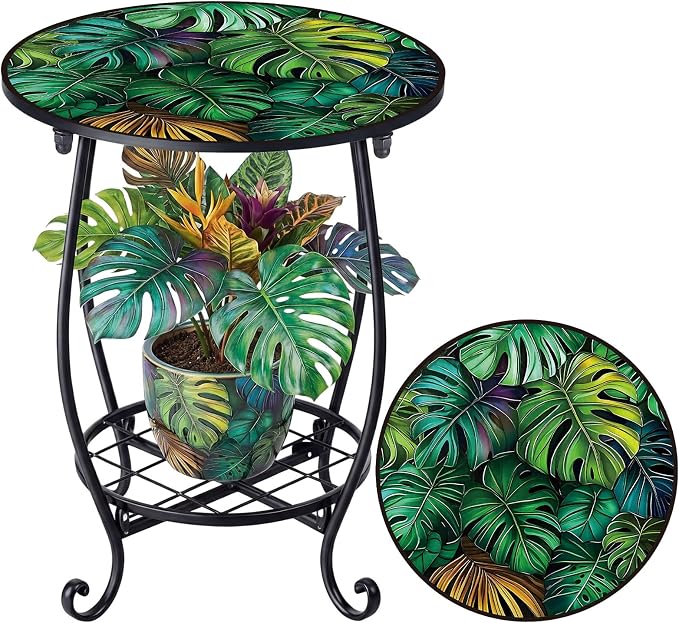 Cinnvoice Outdoor Side Table Round Small Mosaic Patio Accent Indoor End Plant by Cinnvoice