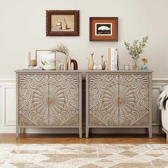 Carved Buffet Cabinet with Floral Pattern & Gold Handle, 31.5" W Distressed by LFGUIZO