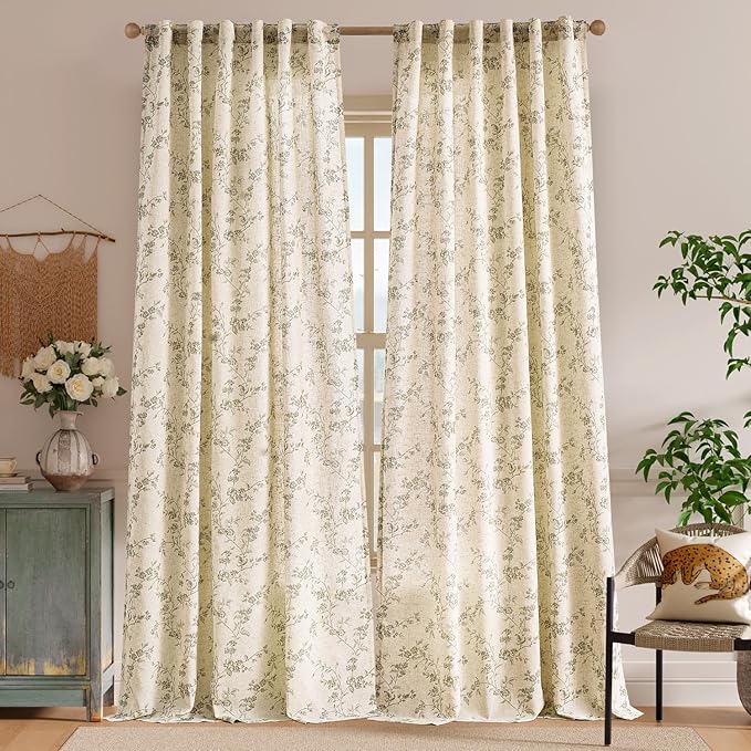 Green Vintage Floral Linen Curtains Farmhouse 50W X 96L 2 Panels | Elisa Series - Image 2