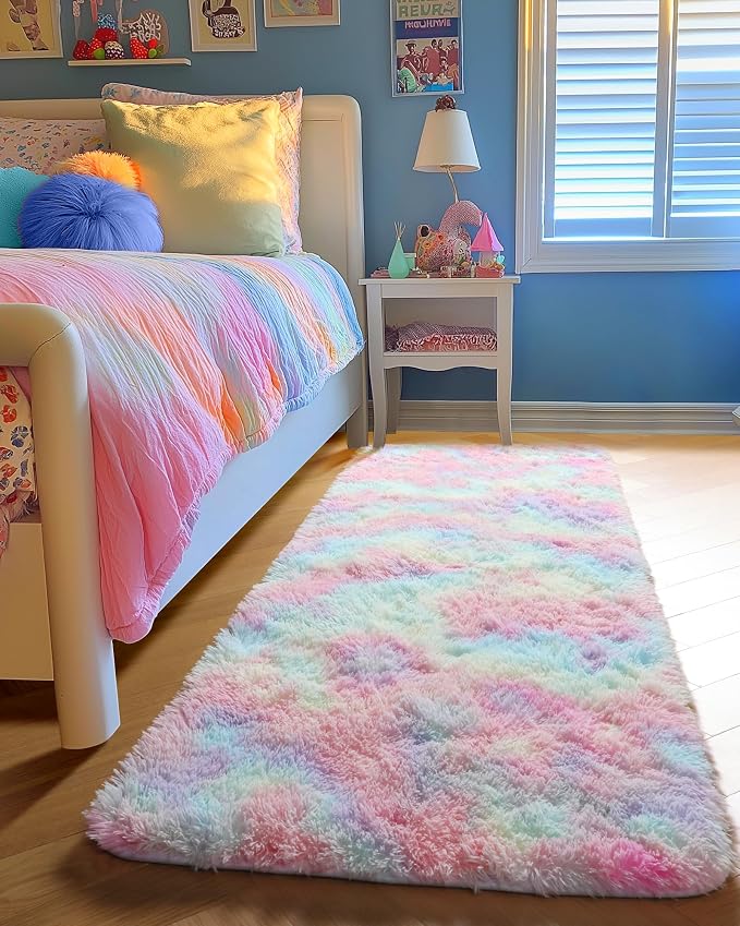 Rainbow Runner Rugs for Girls Bedroom Plush Fluffy Hallway Rug 2x6 Ft | Kawaii - Image 4