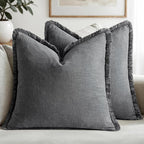 MIULEE Boho Linen Fringe Decorative Throw Pillow Covers Grey 20x20 | Set of 2 by MIULEE